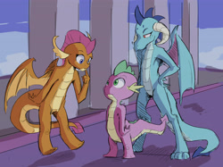Size: 5000x3737 | Tagged: safe, artist:double-zr-tap, derpibooru import, dragon lord ember, princess ember, smolder, spike, dragon, school daze, absurd resolution, curved horn, digital art, dragoness, female, looking at each other, male, standing, standing on heels, trio