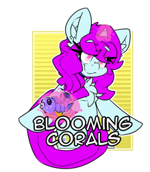 Size: 2100x2400 | Tagged: safe, artist:bbsartboutique, derpibooru import, oc, oc:blooming corals, fish, unicorn, badge, bipedal, blind, con badge, magic, simple background, smiling, solo, transparent background
