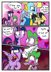 Size: 752x1063 | Tagged: safe, artist:emositecc, derpibooru import, spike, twilight sparkle, twilight sparkle (alicorn), oc, oc:color cream, oc:prince sketchy, alicorn, dragon, pony, unicorn, blergh, clothes, comic, dialogue, do not want, female, floppy ears, implied shipping, implied straight, implied twispike, male, mare, mocking, name's the same, onomatopoeia, shipping, straight, tongue out