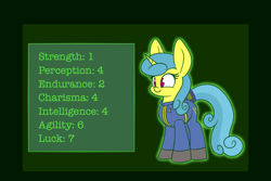 Size: 1200x800 | Tagged: safe, artist:heir-of-rick, derpibooru import, lemon hearts, pony, unicorn, clothes, fallout, fallout 4, female, impossibly large ears, mare, s.p.e.c.i.a.l., solo, text, vault suit