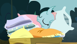 Size: 1396x802 | Tagged: safe, derpibooru import, screencap, ocellus, changedling, changeling, school daze, bed bug, blanket, comfy, cuddly, cute, cuteling, daaaaaaaaaaaw, diaocelles, eyes closed, female, pillow, sleeping, smiling, solo, that changeling sure does love pillows, wagon