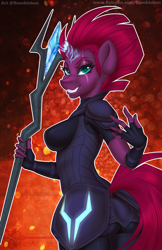 Size: 693x1071 | Tagged: safe, artist:bumblebun, derpibooru import, part of a set, tempest shadow, anthro, unicorn, my little pony: the movie, armor, ass, breasts, broken horn, eye scar, female, mare, scar, smiling, solo, staff, staff of sacanas, tempest pillows, weapon