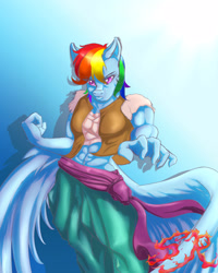 Size: 2400x3000 | Tagged: safe, artist:swiftriff, derpibooru import, rainbow dash, anthro, pegasus, abs, clothes, female, gradient background, mare, multicolored hair, solo