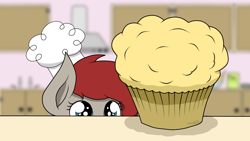 Size: 1920x1080 | Tagged: safe, artist:kimjoman, derpibooru import, oc, oc only, oc:ponepony, pony, accessories, blurry background, chef's hat, cooking, cute, eyes on the prize, female, food, hat, heart eyes, kitchen, muffin, peeking, solo, wingding eyes