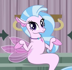 Size: 731x712 | Tagged: safe, derpibooru import, screencap, silverstream, seapony (g4), school daze, castle of the royal pony sisters, cropped, cute, diastreamies, door, female, jewelry, looking at you, necklace, shrug, shrugpony, sitting, solo, that hippogriff sure does love stairs