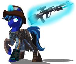 Size: 5348x4500 | Tagged: safe, artist:chub-wub, derpibooru import, oc, oc only, oc:night sky, pony, unicorn, fallout equestria, absurd resolution, glowing horn, gun, levitation, magic, pipboy, simple background, solo, tavor, telekinesis, transparent background, weapon