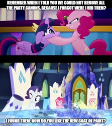 Size: 500x560 | Tagged: safe, derpibooru import, edit, edited screencap, screencap, fluttershy, pinkie pie, rarity, twilight sparkle, twilight sparkle (alicorn), alicorn, earth pony, pegasus, pony, unicorn, castle sweet castle, my little pony: the movie, school daze, consequences, continuity, party cannon, squishy cheeks