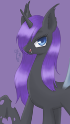 Size: 720x1280 | Tagged: safe, artist:shusu, derpibooru import, oc, oc only, changeling, pony, unicorn, licking, lidded eyes, purple changeling, solo, tongue out