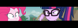 Size: 1957x720 | Tagged: safe, derpibooru import, edit, edited screencap, screencap, pinkie pie, sci-twi, twilight sparkle, better together, equestria girls, friendship math, panorama