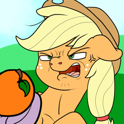 Size: 1000x1000 | Tagged: safe, artist:bennimarru, derpibooru import, applejack, twilight sparkle, earth pony, pony, cross-popping veins, disgusted, flat colors, food, nostril flare, orange, simple background, this will end in angry countryisms, this will end in pain and/or angry countryisms