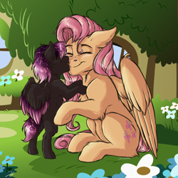 Size: 2000x2000 | Tagged: safe, artist:shimazun, derpibooru import, oc, oc:hurricane, pegasus, pony, boop, colt, eyes closed, female, fluttershy's cottage, male, mother and child, mother and son, next generation, noseboop, offspring, parent and child, parent:fluttershy, parent:king sombra, parents:sombrashy