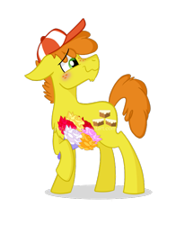 Size: 625x798 | Tagged: safe, artist:pink-pone, derpibooru import, carrot cake, pony, blushing, cap, flower, hat, simple background, solo, transparent background, younger