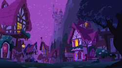Size: 5120x2880 | Tagged: source needed, safe, derpibooru import, background, canterlot, clear with periodic sky, house, mountain, night, no pony, ponyville, scenery