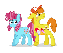 Size: 800x676 | Tagged: safe, artist:pink-pone, derpibooru import, carrot cake, cup cake, pony, blushing, bouquet, cap, carrot cup, chiffon swirl, female, hat, male, shipping, simple background, straight, transparent background, watermark, younger