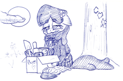 Size: 1226x807 | Tagged: safe, artist:shoeunit, derpibooru import, cheerilee, earth pony, pony, box, clothes, female, mare, sad, school uniform, solo, traditional art, tree