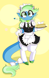 Size: 2330x3700 | Tagged: safe, artist:fullmetalpikmin, derpibooru import, oc, oc only, oc:campfire, anthro, dracony, hybrid, bow, claws, clothes, frilly, gloves, heart, horns, maid, socks, solo, standing, tail, tissue, tissue box
