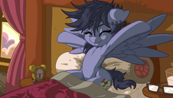 Size: 4800x2700 | Tagged: safe, artist:latecustomer, derpibooru import, oc, oc only, oc:nightshade (pegasus), pegasus, pony, armpits, bedroom, commission, cute, morning ponies, solo, stretching, waking up