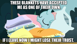 Size: 870x499 | Tagged: safe, derpibooru import, edit, edited screencap, screencap, ocellus, changedling, changeling, school daze, bed bug, blanket, cart, cozy, cute, diaocelles, eyes closed, female, image macro, meme, pillow, smiling, solo, that changeling sure does love pillows