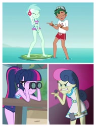 Size: 3106x4096 | Tagged: safe, derpibooru import, edit, edited screencap, screencap, bon bon, lyra heartstrings, sci-twi, sweetie drops, timber spruce, twilight sparkle, all's fair in love and friendship games, better together, equestria girls, turf war, unsolved selfie mysteries, angry, bon bon is not amused, clothes, female, lesbian, lifeguard timber, lyrabon, male, shipping, straight, swimsuit, timbertwi, unamused