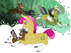 Size: 3508x2600 | Tagged: safe, artist:jackiebloom, derpibooru import, a.k. yearling, daring do, oc, oc:kinyume, big cat, cat, hybrid, lynx, panther, pegasus, pony, tiger, zebroid, zony, ahuizotl's cats, alternate design, alternate hairstyle, animal, bandage, bandaged wing, blaze (coat marking), book, coat markings, female, high res, magical lesbian spawn, mare, offspring, parent:daring do, parent:zecora, parents:daringcora, realistic horse legs, running, simple background, socks (coat marking), starry eyes, transparent background, unnamed oc, wingding eyes