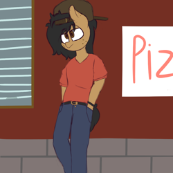 Size: 1000x1000 | Tagged: safe, artist:claudearts, derpibooru import, oc, oc:sketcher, anthro, plantigrade anthro, backwards ballcap, baseball cap, belt, bracelet, brick wall, cap, clothes, food, freckles, hat, jeans, jewelry, pants, pizza, shirt, sign, solo, window