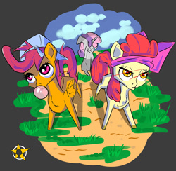 Size: 1025x1000 | Tagged: safe, artist:amberpendant, derpibooru import, apple bloom, scootaloo, sweetie belle, earth pony, pegasus, pony, unicorn, bubblegum, crying, cutie mark crusaders, female, filly, food, gum, hat, sad