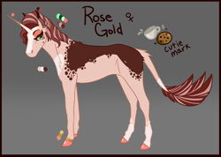 Size: 1884x1341 | Tagged: safe, artist:vlinnyy, derpibooru import, oc, oc only, oc:rose gold, pony, unicorn, coat markings, dappled, ear fluff, ear piercing, earring, eyeshadow, female, hoof ring, horn ring, jewelry, leonine tail, makeup, mare, missing cutie mark, piercing, ponysona, reference sheet, solo