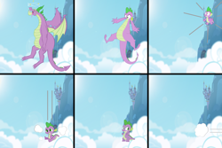 Size: 1500x1000 | Tagged: safe, derpibooru import, spike, dragon, canterlot, cloud, defeated, dizzy, dust cloud, falling, running away, spikezilla, transformation, vector used, winged spike, winged spikezilla