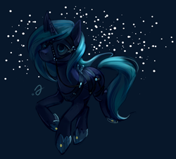 Size: 884x800 | Tagged: safe, artist:erinliona, derpibooru import, oc, oc only, oc:moonlight silk, pony, unicorn, bit, bridle, dark background, female, mare, simple background, solo, tack, trotting