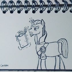 Size: 3120x3120 | Tagged: safe, artist:carbsta, derpibooru import, chancellor neighsay, pony, unicorn, school daze, clipboard, ink, magic, monochrome, pen drawing, solo, telekinesis, traditional art