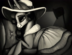 Size: 6600x5100 | Tagged: safe, artist:splatterpaint-donkey, derpibooru import, oc, oc only, oc:splatterpaint, donkey, absurd resolution, clothes, donkey oc, dress, female, grayscale, hat, jenny, lamp, light, lying down, monochrome, profile, smiling, sofa, solo