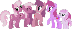 Size: 989x397 | Tagged: safe, artist:starryoak, derpibooru import, idw, berry punch, berryshine, cheerilee, cherry blossom (idw), piña colada, earth pony, pony, background pony, cherry punch, family, female, filly, headcanon, mare, pink, piña cutelada, raised hoof, simple background, sisters, transparent background