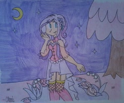 Size: 1347x1126 | Tagged: safe, artist:cksheppard, derpibooru import, wysteria, human, flower, humanized, moon, night, solo, traditional art, tree