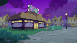 Size: 1920x1080 | Tagged: safe, derpibooru import, screencap, the maud couple, background house, building, diner, no pony, ponyville, restaurant, scenery, streetlight