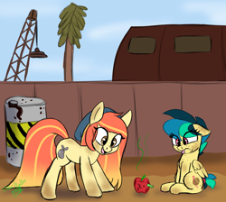 Size: 1100x985 | Tagged: safe, artist:ikaribunbun, derpibooru import, oc, oc only, oc:apogee, oc:sunny lane, oc:trash, earth pony, pegasus, pony, worm, apple, crane, delta vee's junkyard, dirty, disgusted, duo, female, filly, floppy ears, food, freckles, happy, junkyard, looking down, mare, oil barrel, open mouth, palm tree, rotten apple, smiling, tinyface, tongue out, tree