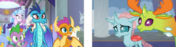 Size: 2688x720 | Tagged: safe, derpibooru import, edit, screencap, ocellus, princess ember, silverstream, smolder, spike, thorax, changedling, changeling, dragon, pony, school daze, background pony, cute, female, king thorax, male, pointing, school of friendship, smiling, waving