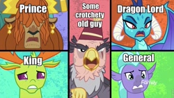 Size: 960x540 | Tagged: safe, derpibooru import, edit, screencap, grampa gruff, prince rutherford, princess ember, seaspray, thorax, changedling, changeling, classical hippogriff, dragon, griffon, hippogriff, yak, school daze, blind eye, caption, discovery family logo, dragoness, eye scar, female, fez, hat, image macro, king thorax, meme, one of these things is not like the others, scar, split screen