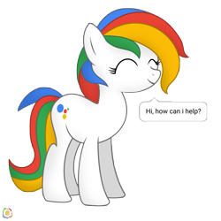 Size: 5200x5200 | Tagged: safe, artist:potato22, derpibooru import, oc, oc:google assistant, earth pony, pony, absurd resolution, dialogue, eyes closed, female, google, mare, ponified, shading, simple background, smiling, solo, standing, transparent background, vector