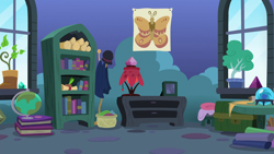 Size: 1920x1080 | Tagged: safe, derpibooru import, screencap, butterfly, the maud couple, book, clothes, crystal, crystal ball, globe, lamp, no pony, poster, potted plant, scroll, starlight's room