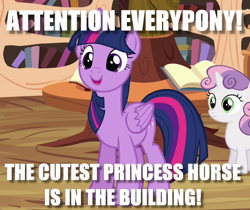 Size: 772x649 | Tagged: safe, derpibooru import, edit, edited screencap, screencap, sweetie belle, twilight sparkle, twilight sparkle (alicorn), alicorn, pony, unicorn, twilight time, attention horse, golden oaks library, image macro, meme