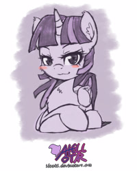 Size: 1000x1250 | Tagged: safe, artist:iloota, derpibooru import, twilight sparkle, twilight sparkle (alicorn), alicorn, pony, :3, blush sticker, blushing, cheek fluff, ear fluff, female, looking at you, mare, prone, smiling, solo