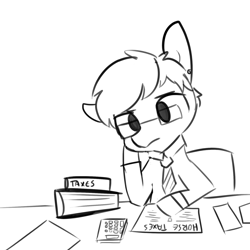 Size: 1650x1650 | Tagged: safe, artist:tjpones, derpibooru import, oc, oc only, oc:tjpones, earth pony, pony, calculator, clothes, ear piercing, earring, glasses, grayscale, horse taxes, jewelry, male, monochrome, necktie, piercing, simple background, sitting, solo, stallion, taxes, white background