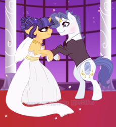 Size: 1293x1409 | Tagged: safe, artist:spectrumnightyt, derpibooru import, oc, oc only, oc:spectrum night, oc:velvet sentry, pony, unicorn, bipedal, clothes, dress, female, male, mare, oc x oc, offspring, offspring shipping, parent:flash sentry, parent:rarity, parent:soarin', parent:twilight sparkle, parents:flashlight, parents:soarity, shipping, stallion, straight, suit, wedding dress