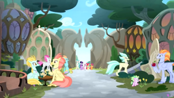 Size: 1280x720 | Tagged: safe, derpibooru import, screencap, apple bloom, scootaloo, sweetie belle, terramar, twilight sparkle, twilight sparkle (alicorn), alicorn, classical hippogriff, earth pony, hippogriff, pegasus, pony, unicorn, surf and/or turf, apple, background hippogriff, cutie mark crusaders, female, filly, food, gate, hippogriffia, mare, unnamed hippogriff, youtube link