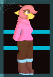 Size: 360x521 | Tagged: safe, artist:dinahthefluffyfoxx, derpibooru import, scootaloo, oc, oc only, oc:ponytale scootaloo, anthro, comic:ponytale, abstract background, clothes, female, hoodie, smiling, solo, standing