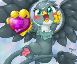 Size: 3000x2500 | Tagged: safe, artist:jewelpetgarnet, derpibooru import, gabby, griffon, the fault in our cutie marks, blushing, cute, female, gabbybetes, open mouth, paws, solo, underpaw