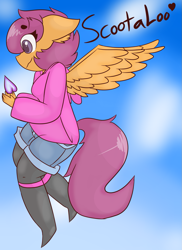 Size: 983x1347 | Tagged: safe, artist:luckydestinyheart, derpibooru import, scootaloo, oc, oc only, oc:ponytale scootaloo, anthro, pegasus, comic:ponytale, anatomically incorrect, female, flying, heart, incorrect leg anatomy, sky, solo, soul, wings