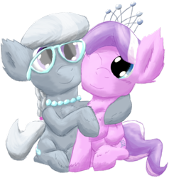 Size: 1544x1623 | Tagged: safe, artist:firefanatic, derpibooru import, diamond tiara, silver spoon, big ears, crown, cute, fluffy, glasses, hug, jewelry, necklace, ponytail, regalia, simple background, transparent background, villains of equestria collab