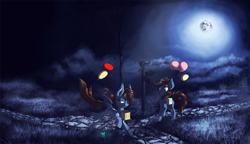 Size: 3000x1723 | Tagged: safe, artist:hagallaz, derpibooru import, oc, oc only, bat pony, pony, bag, bat pony oc, commission, crossroads, full moon, grass, moon, mouth hold, night, saddle bag, scenery, signature