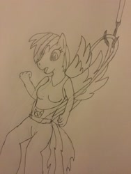 Size: 2448x3264 | Tagged: safe, artist:crb145, derpibooru import, rainbow dash, anthro, abuse, clothes, dashabuse, female, gray background, hook, pencil drawing, simple background, solo, traditional art, underwear, wedgie